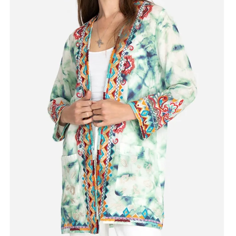 Johnny Was Jade Marble Ramie Linen Smoking Jacket, Multi, S